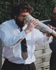 Andy with horn 2 Alice's christening